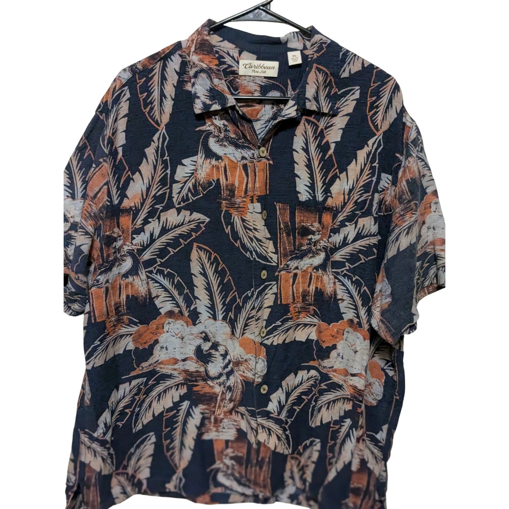 Caribbean Dadcore Shirt Mens XL Navy Silk Islandwear Short Sleeve Button Down